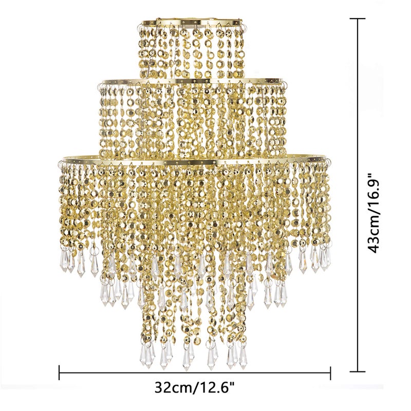 Waneway Acrylic Chandelier Shade, Ceiling Light Shade Beaded Pendant Lampshade with Crystal Beads and Gold Frame for Bedroom, Wedding or Party Decoration, Diameter 12.6 inches, 3 Tiers, Gold - Image 5